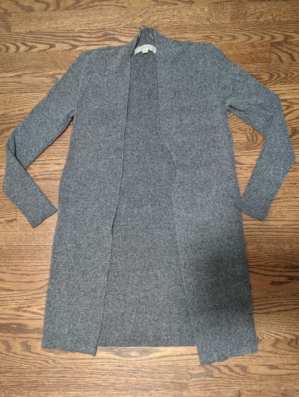 LOFT Heather Gray Open-Front Ribbed Long Cardigan